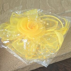 Yellow & Pink Floral Mesh Fascinator Headband with Pearl Accents